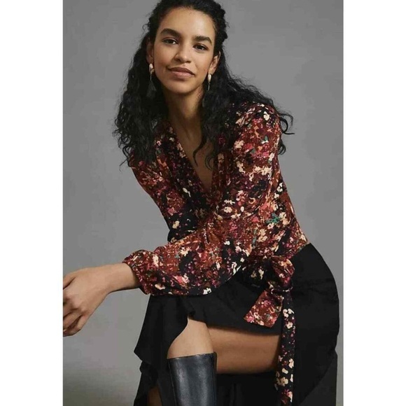 Anthropologie Balloon-Sleeve Blouse Open Back Tie Belt Top Multicolor - Picture 4 of 10